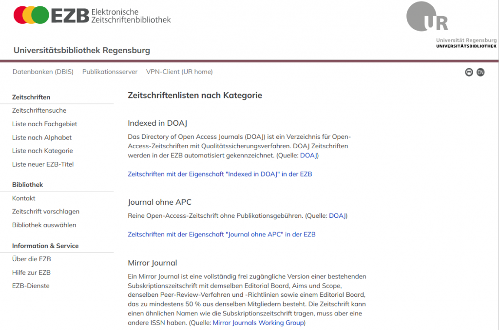 Screenshot der EZB-Oberfläche: Zeitschriftenkategorien