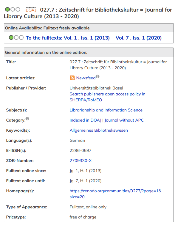 Screenshot of Electronic Journals Library: Journal-Detailpage