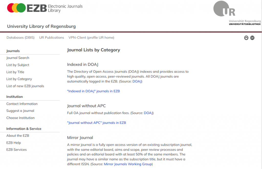 Screenshot of Electronic Journals Library: Introducing Categories